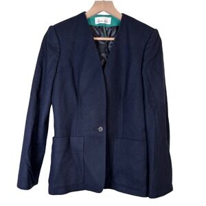 Austin Hill Navy Blue V-Neck Blazer Jacket Womens 100% Wool Single Button Office